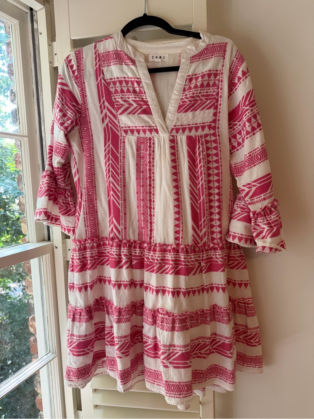 THML Pink and Cream Geometric Tiered Mini Dress
